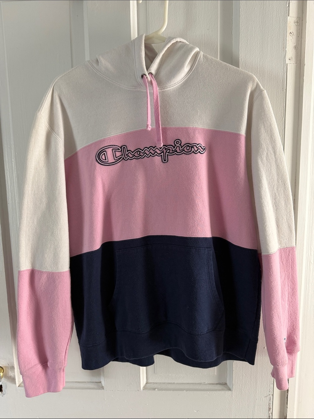 Champion Pink White Navy Colorblock Pullover Hoodie